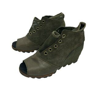 Sorel Joanie Mesh Leather Wedge Booties Womens 11 Olive Green Peep-Toe